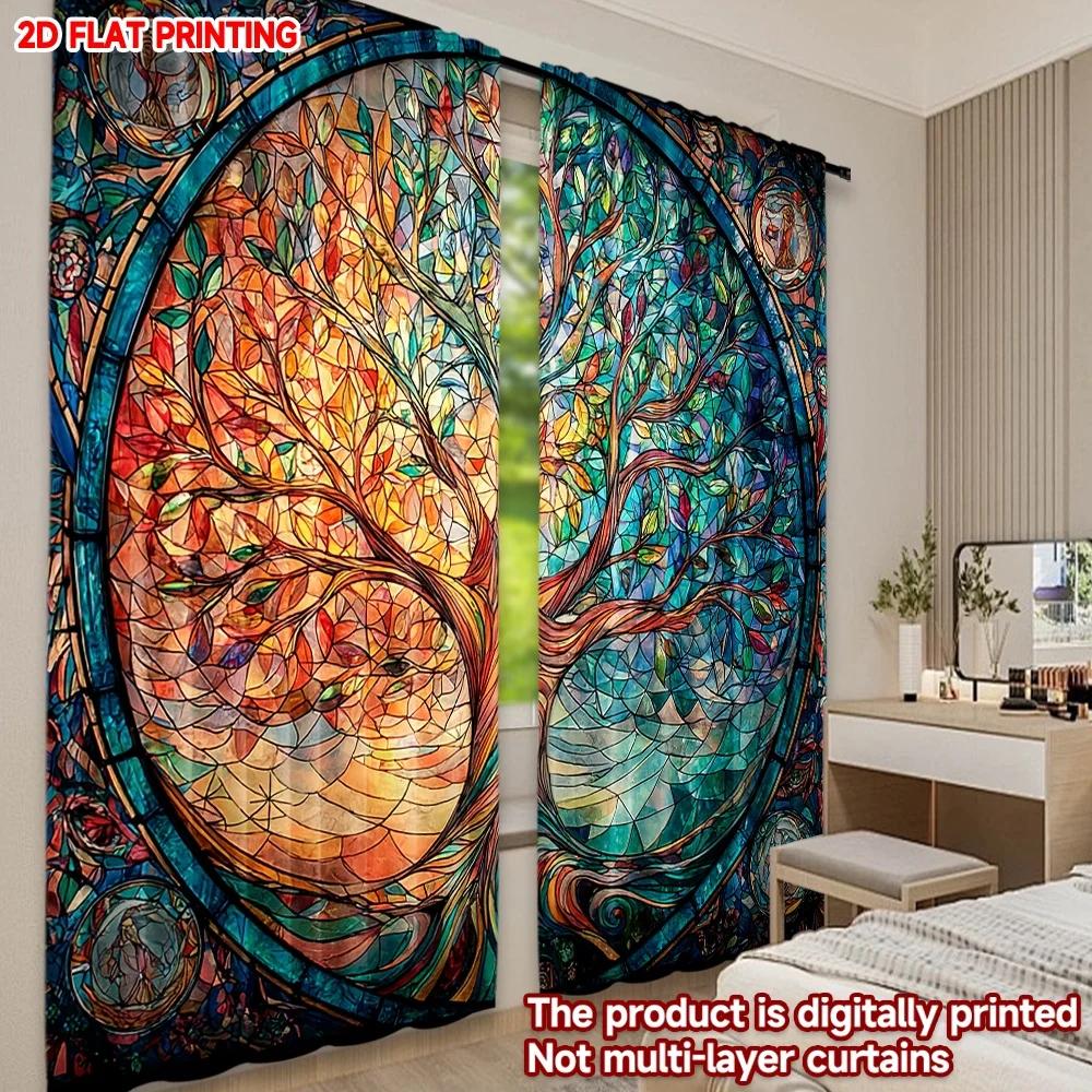 Modern Stained Glass Tree Curtains Colorful Orange Blue Forest Pattern Effect Living Room Semi Sheer Set Of 2 Made Polyester Sitting Decor
