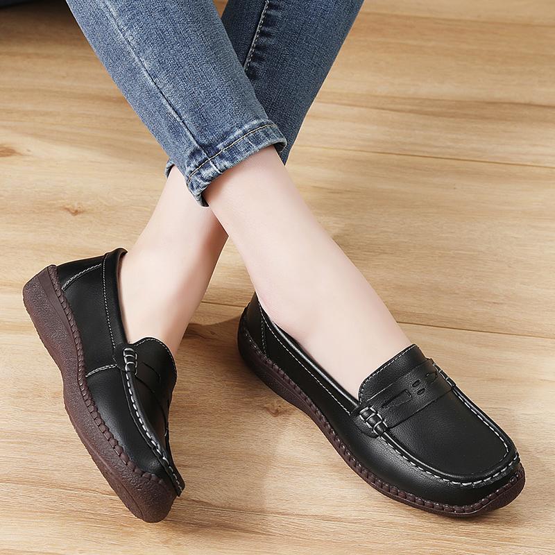Women Simple Grey Loafers Leather Driving Moccasins Comfort Flats Casual Slip on Plus Size Black Shoes