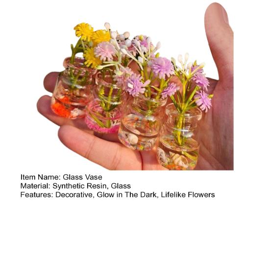 4 Pcs Mini Glass Vases Set Faux Flowers in Glass Vases Glow in The Dark Flower Vases for Desktops Car Dashboard Decor