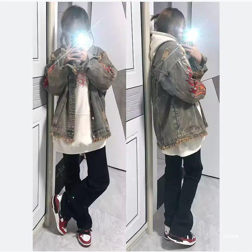 Unisex Street Rapper Retro Denim Jacket - Loose Fit, Plus Size, Spring/Autumn Hong Kong Style