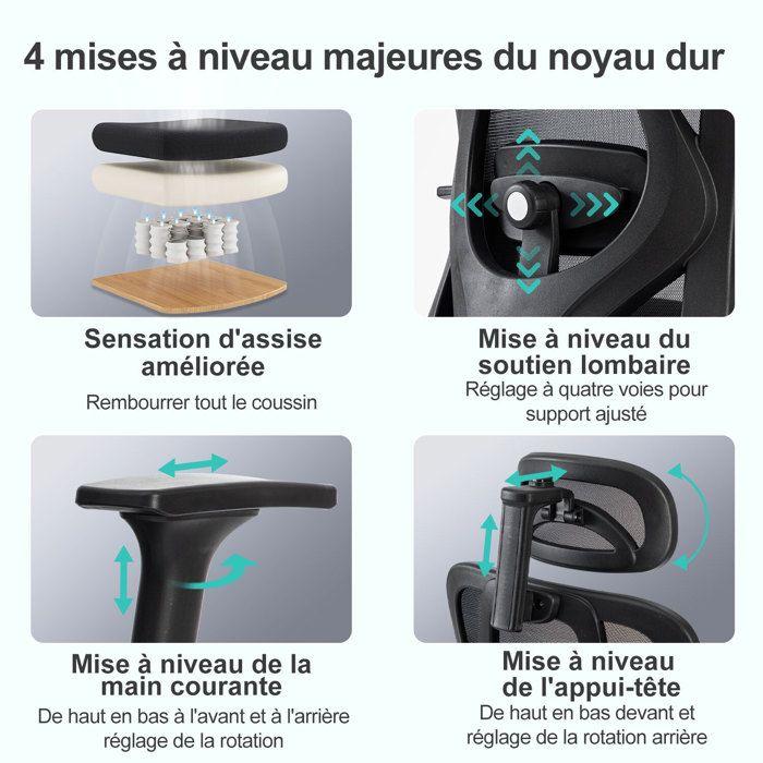 Chaise de bureau ergonomique - Sevencomfort - Noir - Réglable - Support lombaire - Charge 150KG