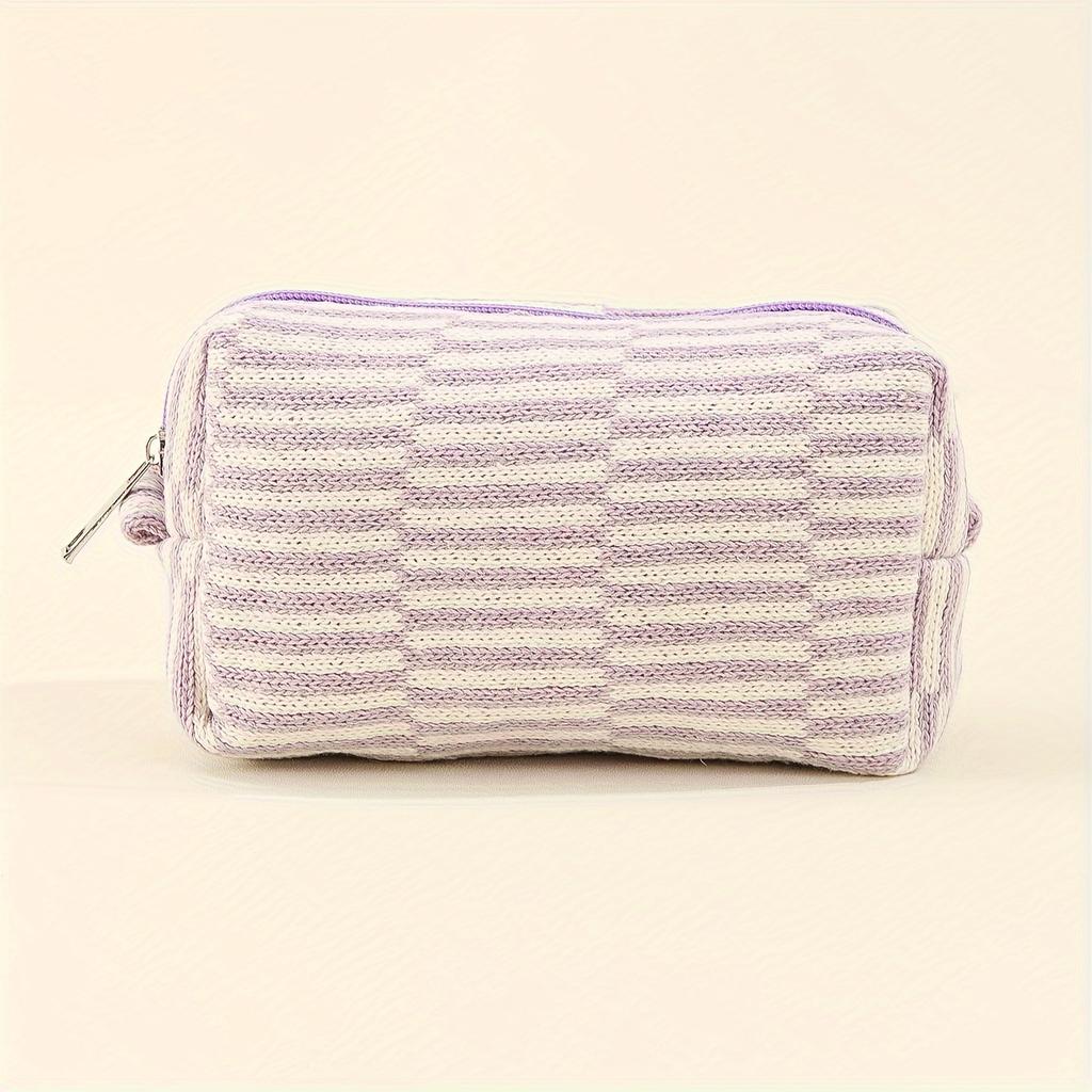 Large Capacity Striped Plaid Makeup Bag, Durable Polyester with Lace Trim, Toiletry Cosmetic Organizer for Brushes