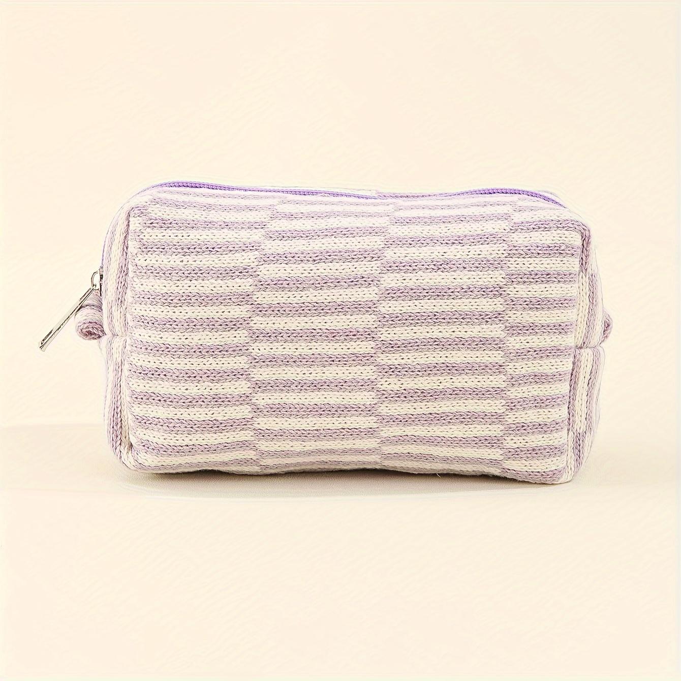 

Large Capacity Striped Plaid Makeup Bag, Durable Polyester with Lace Trim, Toiletry Cosmetic Organizer for Brushes фіолетовий