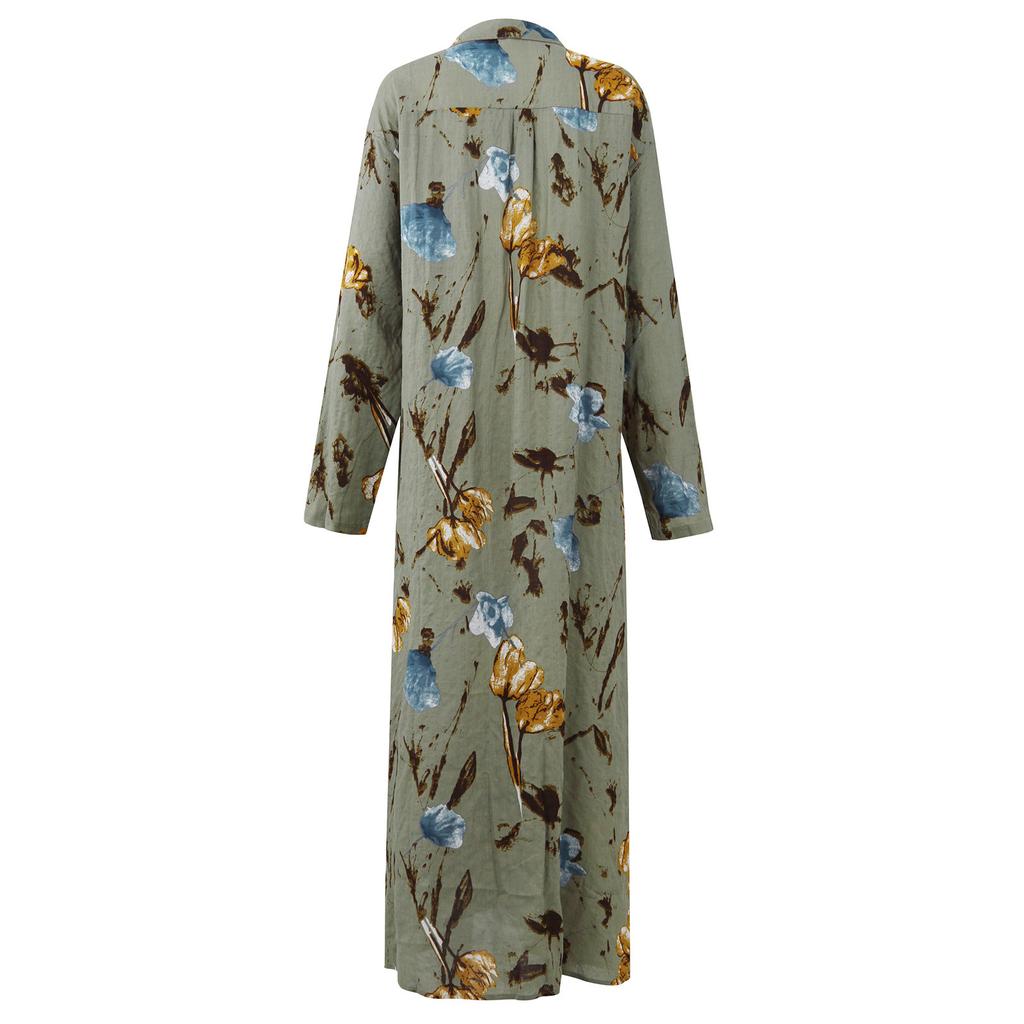 Abito Camicia Lungo da Donna Casual in Cotone Lino Stampato Ampio Temperamento