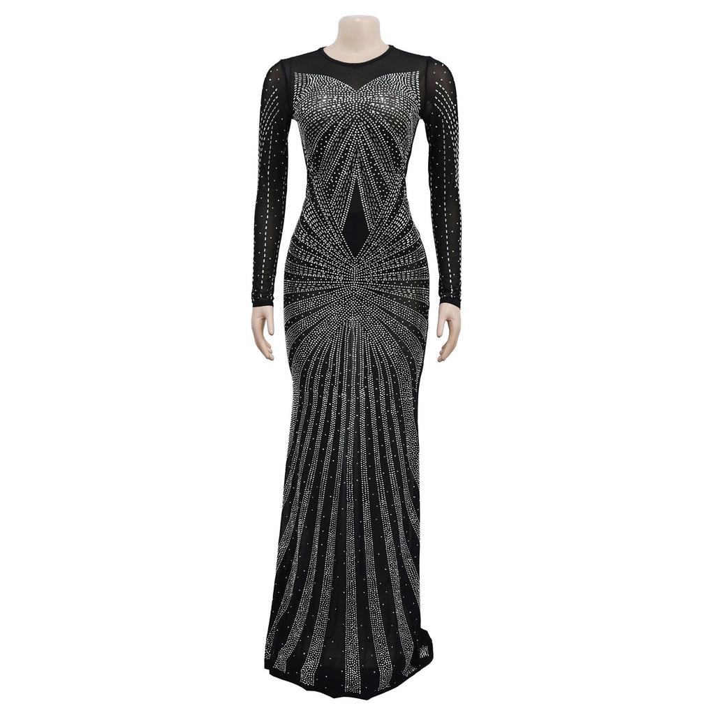 European & American Fashion Women's Solid Color Mesh See-Through Hot Drilling Long Sleeve Dress