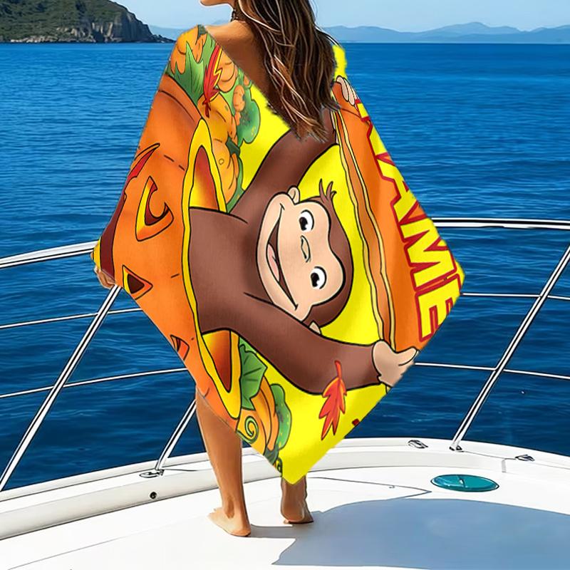 1pc Curious George8 Beach Towel with Custom Name, Beach/Swimming/Bath/Picnic/Camping Towel, Suitable for Seaside Beaches