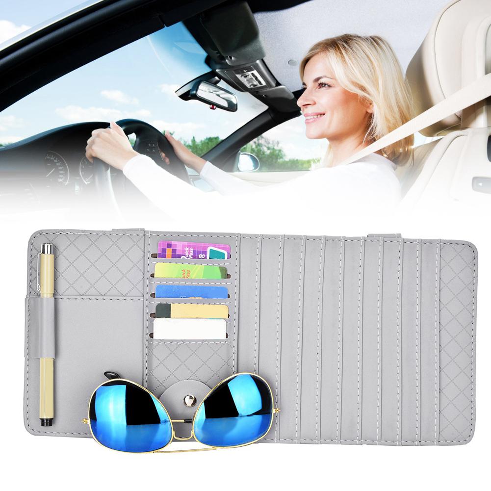PU Leather Car Sun Visor Organizer CD Glasses Driving License Holder Car CD Sleeve Holder Gray