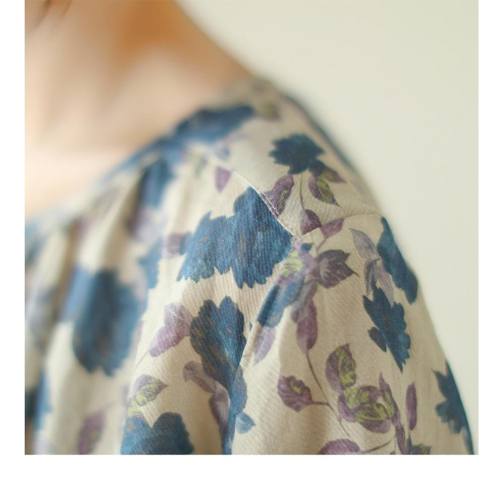 Artistic Retro Cotton and Linen Top Loose Floral Seven Quarter Sleeve Top Women's Blouses & Shirts