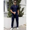 Herren Lässiges Zweiteiliges Outfit Reißverschluss Kurzarm Poloshirt und Lange Hosen Set
