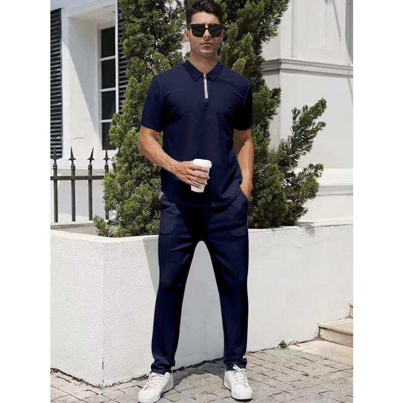 Herren Lässiges Zweiteiliges Outfit Reißverschluss Kurzarm Poloshirt und Lange Hosen Set