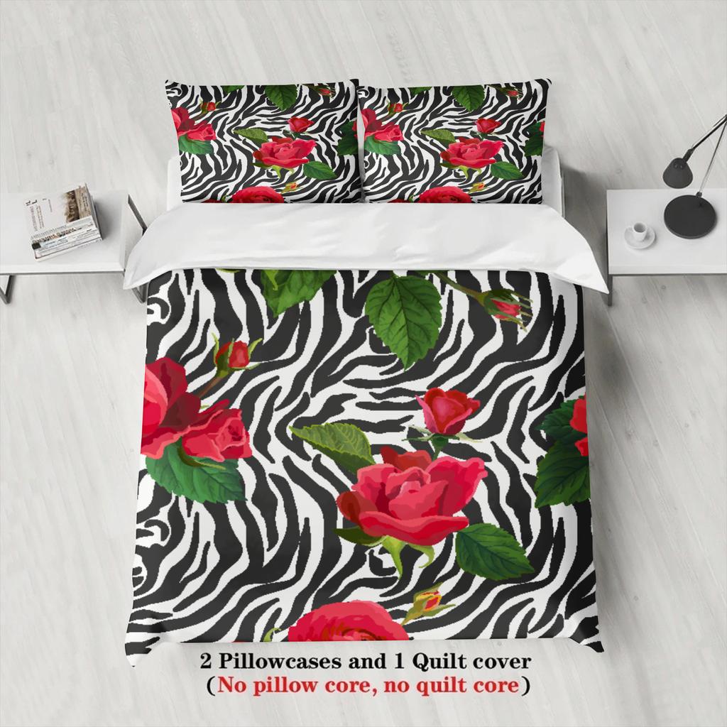3pcs Vivid Roses Zebra Stripe Bedding Sets Modern Style Twin Queen King Size 100% Polyester Duvet Cover With 2 Pillowcases