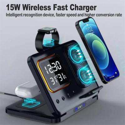 5 In1 Wireless Chargers Stand LED Digital Alarm Clock Thermometer Fast Charging Dock Station for iPhone 15 14 IWatch