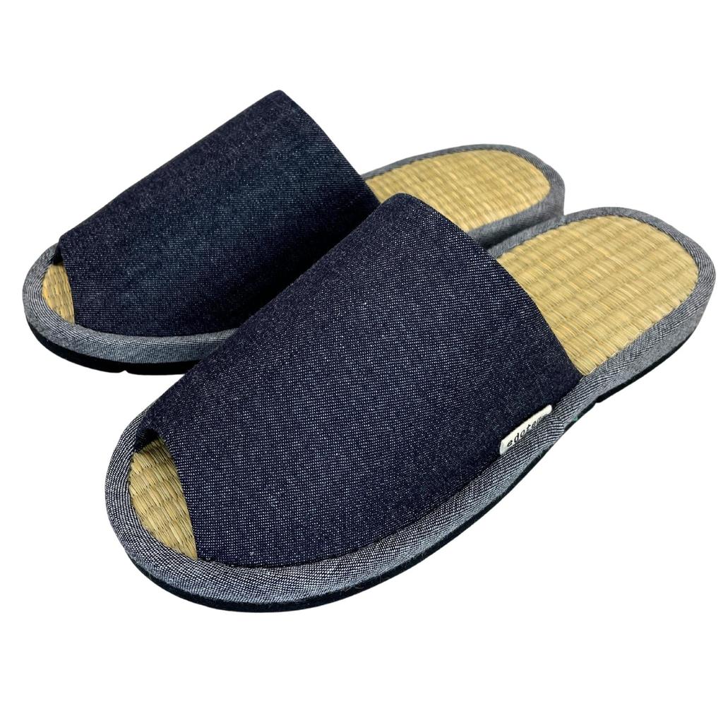 Edoten Indoor Slippers, Made in Japan with Igusa Rush Grass and Okayama Denim, Open-Front, Size L (26cm-27cm)