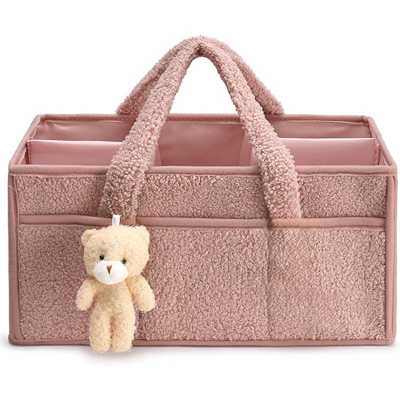 Baby Plush Storage Nursery Organizer Basket Infant Diaper Bag with Handle Caddy Changing Nappy Kids Storage Carrier Large Pocket