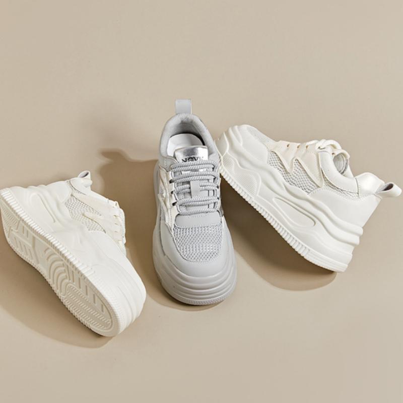 Women's Spring and Summer Women's Sneakers Sports Thick-soled Casual Dad Shoes Mesh Breathable Inner Height-enhancing White Shoes