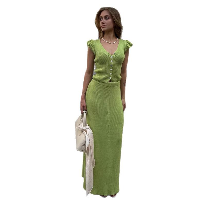 Completo gonna in maglia 2026 estate nuovo stile elegante scollo a V manica corta a volant top gonna lunga set