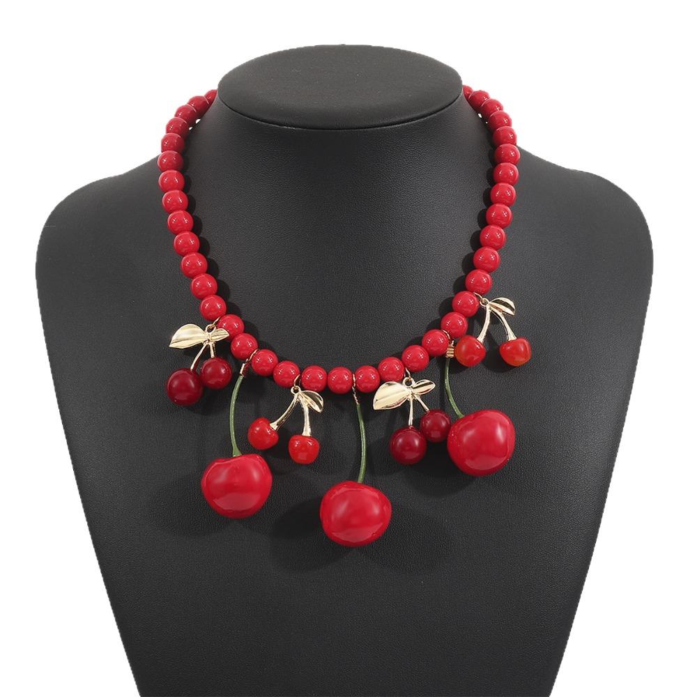Minority Design Fruit Cherry Necklace Handmade Y2K Clavicle Chain Red Bead Necklace  Women