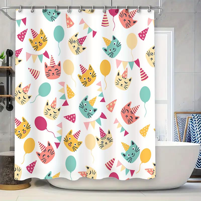 

Party Cat Shower Curtain Waterproof Fabric Decorative Bathroom Tassels 3D Printing Cartoon Balloons For Kids Room Decoration Ava W60H190(CM)-1 Pcs