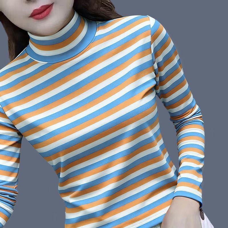 Großgröße Gestreifter Rollkragenpullover Dünnes Oberteil in Großgröße Langärmeliges Oberteil für Damen Mutter Sommer Locker und Vielseitig Unterziehshirt