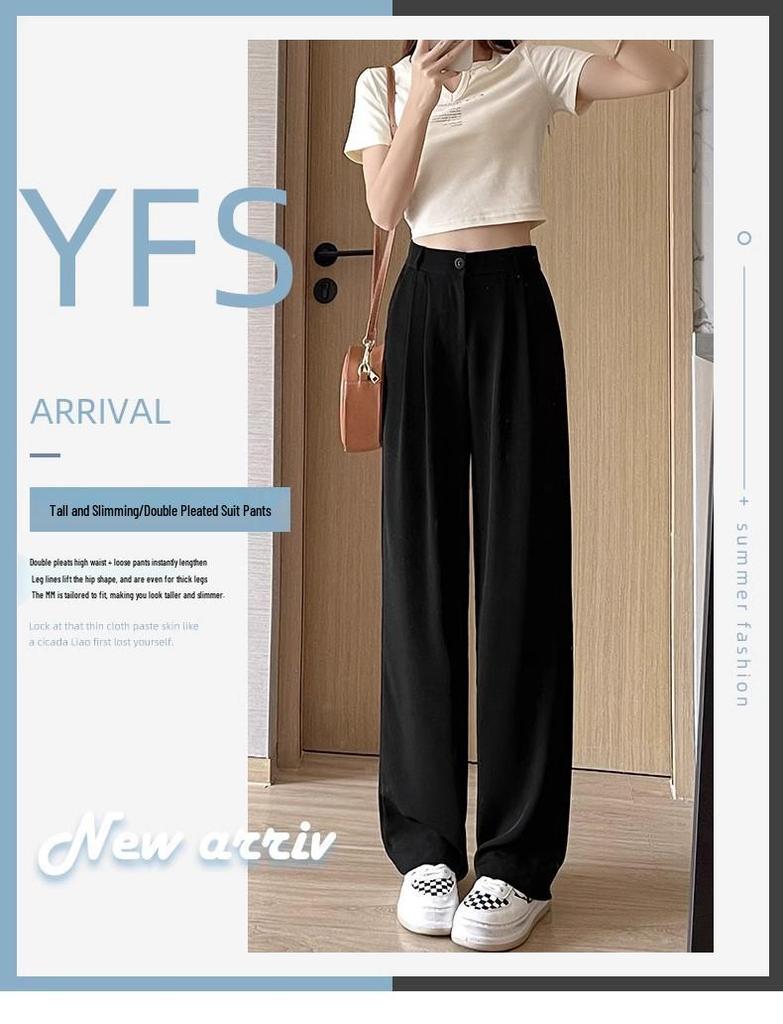 Plus Size Women's Black Drape Wide-Leg Trousers - Summer Casual Fit for Pear-Shaped Bodies