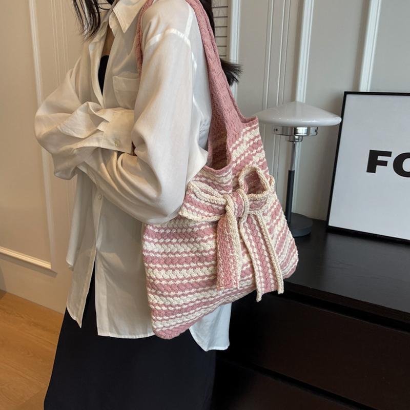Nova Bolsa de Crochê Listrada com Laço Grande Capacidade Casual Bolsa de Ombro Tecida Multicolorida Bolsa de Tricô Feita à Mão