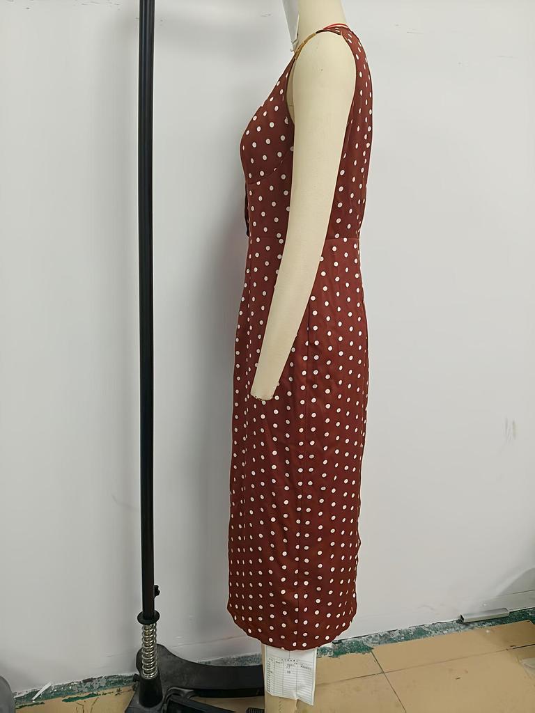 Retro Polka Dot Deep V-Neck Cinched Waist Midi Dress - European and American Vacation Style