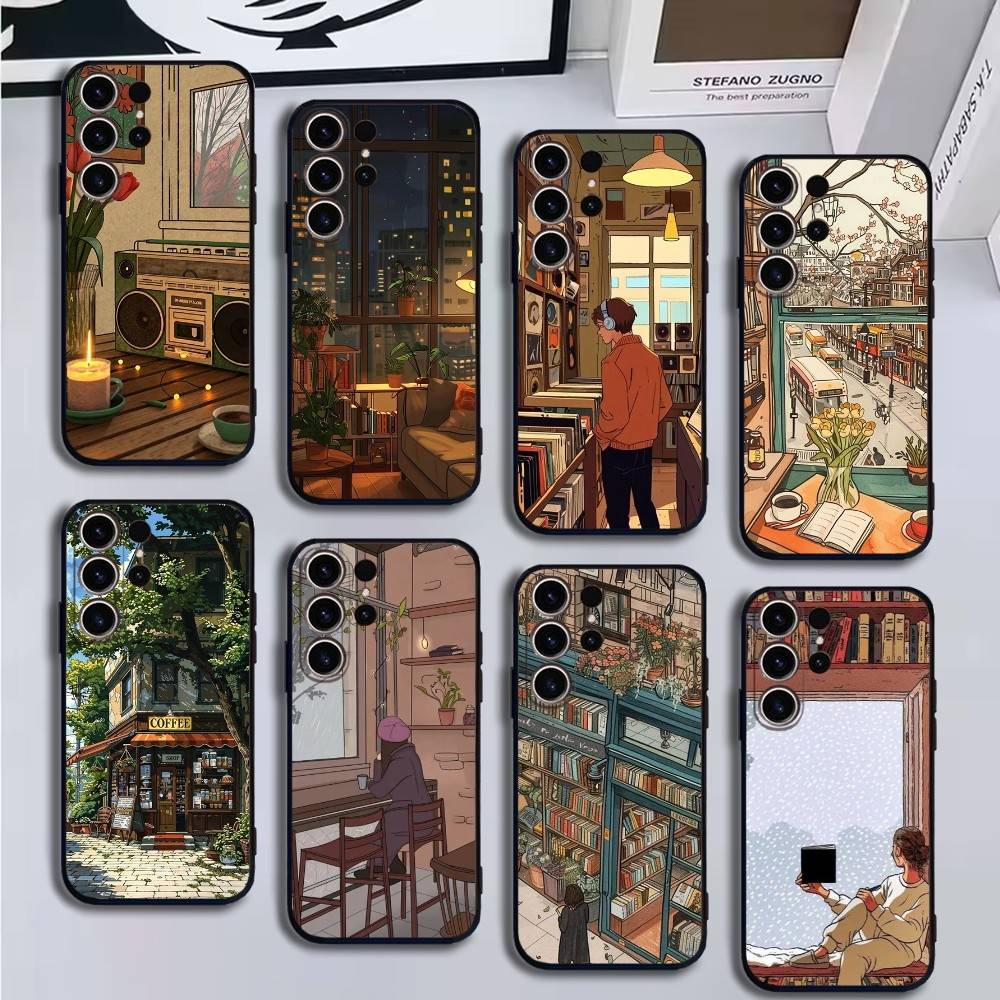 Coffee Study Book illustration Phone Case For SamsungS25,24,21,22,23,30,Ultra,20,Plus,Fe,Lite,Note,10,9,Soft Black Cover