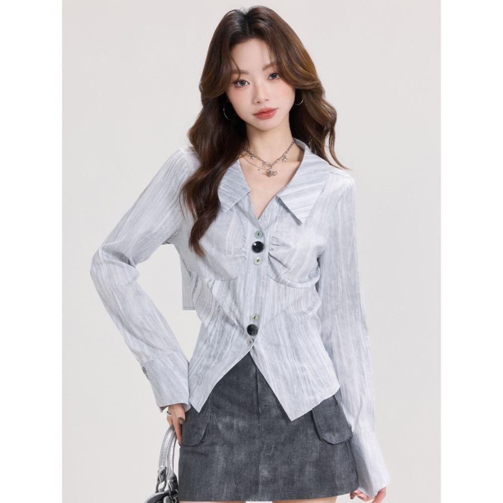 Meng Xiaoqi French Chic Bell Sleeve Lapel Shirt - Women s Autumn Slimming Design S (High Quality) серый