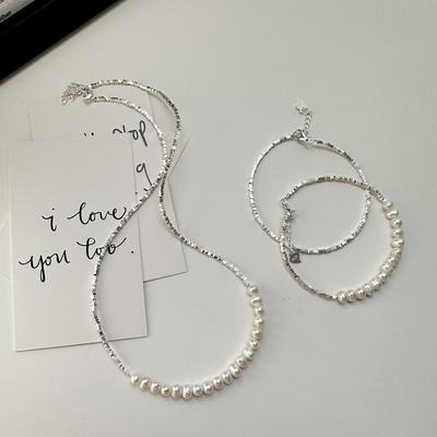 S925 Sterling Silver Fashion Pearl Broken Silver Necklace Korean Style Simple Fashion Collarbone Chain