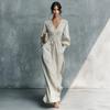 Women V Neck Long Sleeve Smocked Waist Drawstring Maxi Dress Solid Color Casual Loose Fit Dress