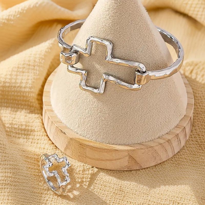 Набор ретро изысканный браслет-крест кольцо набор полый дизайн красивый высокая мода серебряный серый