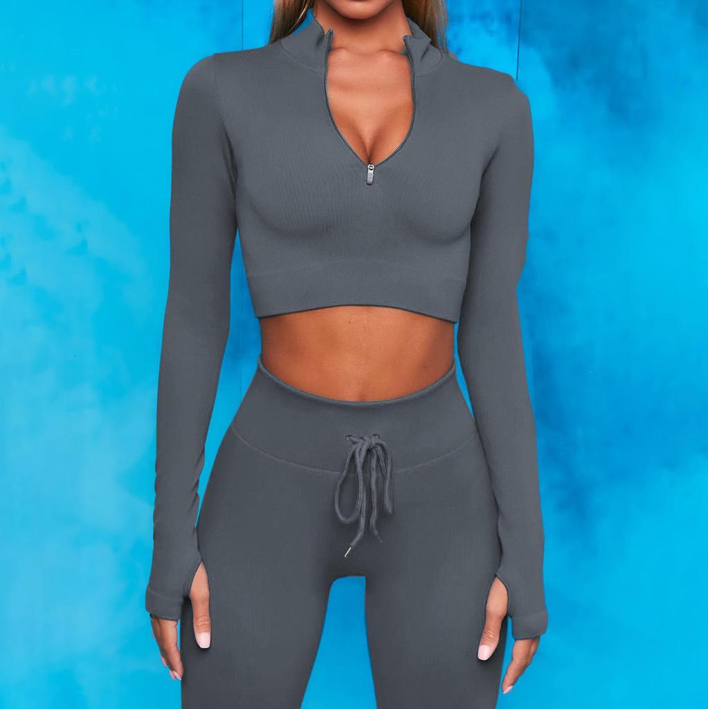 Ribbed Seamless Knitted Tracksuit: Crop Top & High Waist Butt Lift Yoga Pants, Long/Short Sleeve Options