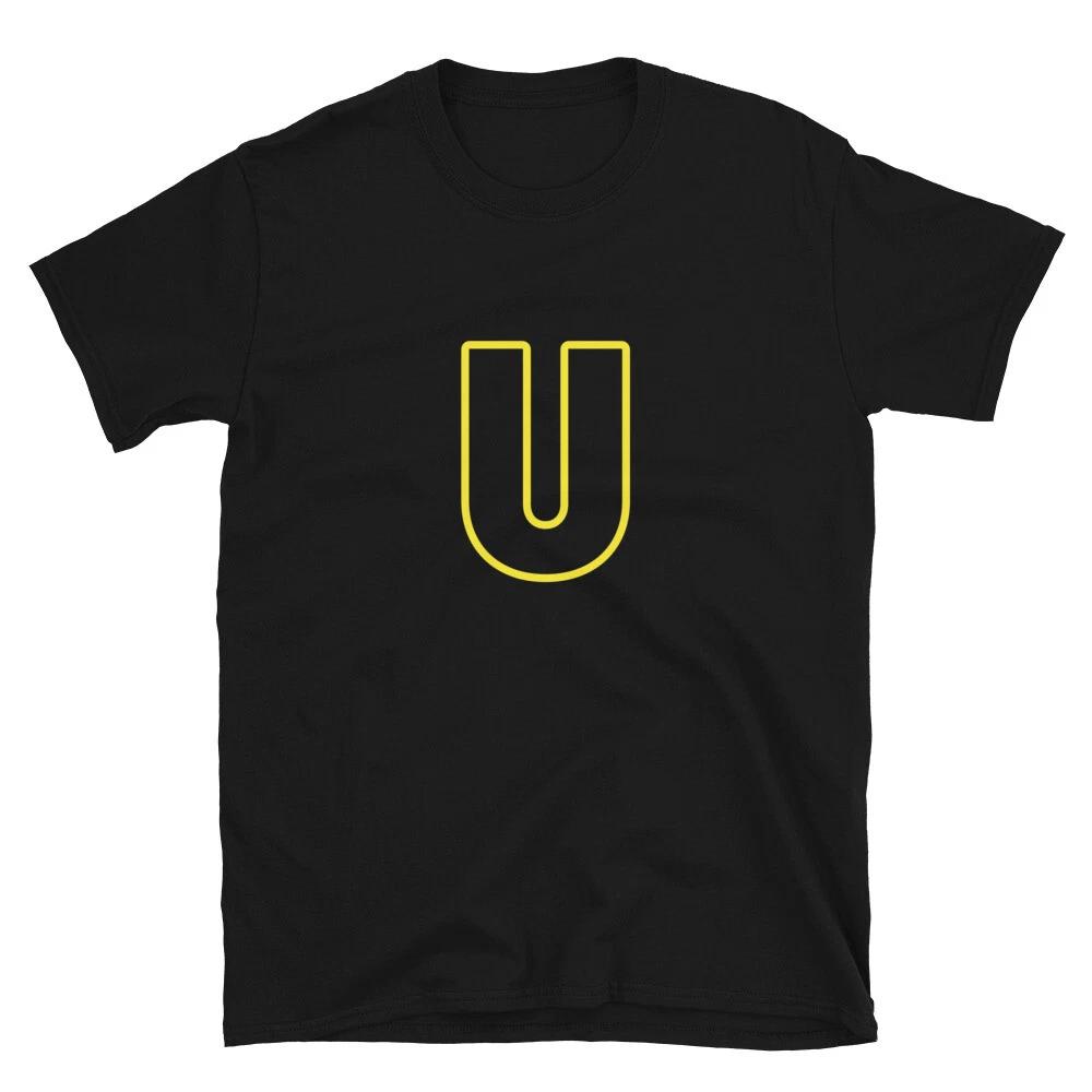 Letter U Yellow Bold Font Simple Black T-Shirt S