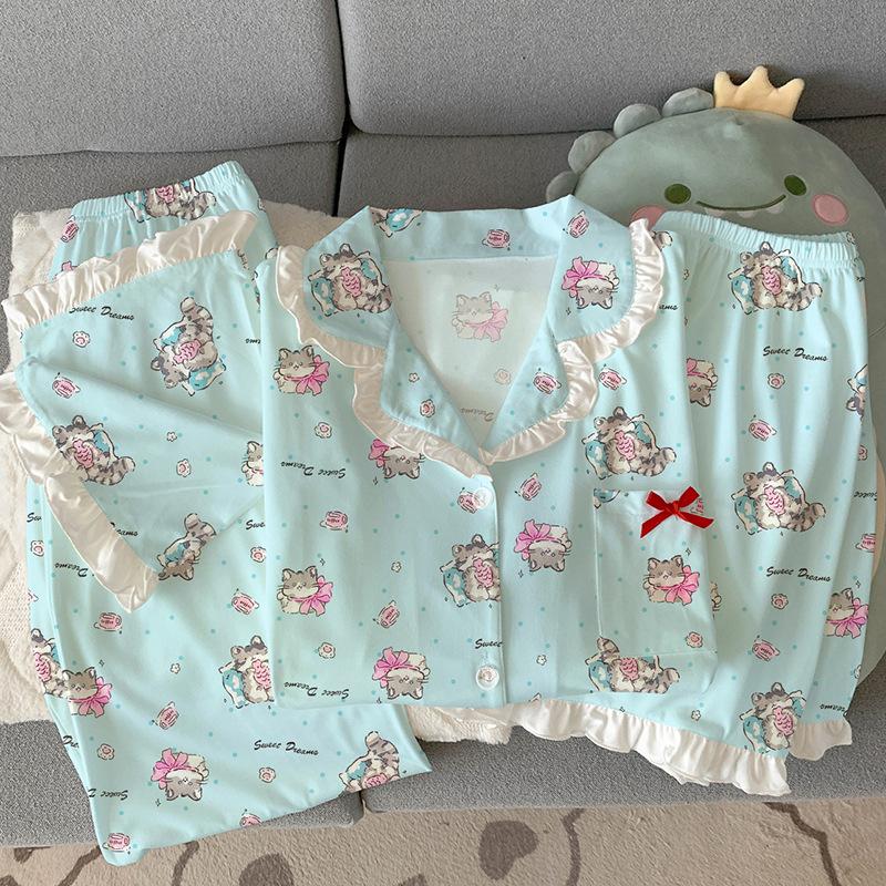 Cute Cat Style Cartoon Pajamas Imitation Cotton Edge Women's Loungewear Short-sleeved Three-piece Set