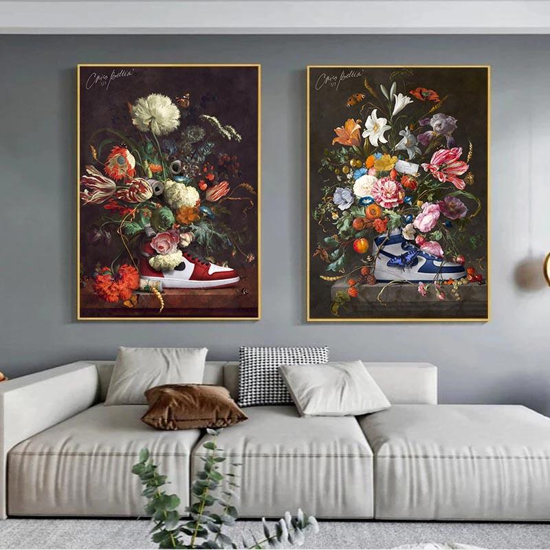 Still Life Flowers In European Vintage Canvas Painted Sports Shoes Nordic Art Posters and Prints Family Room Cuadros