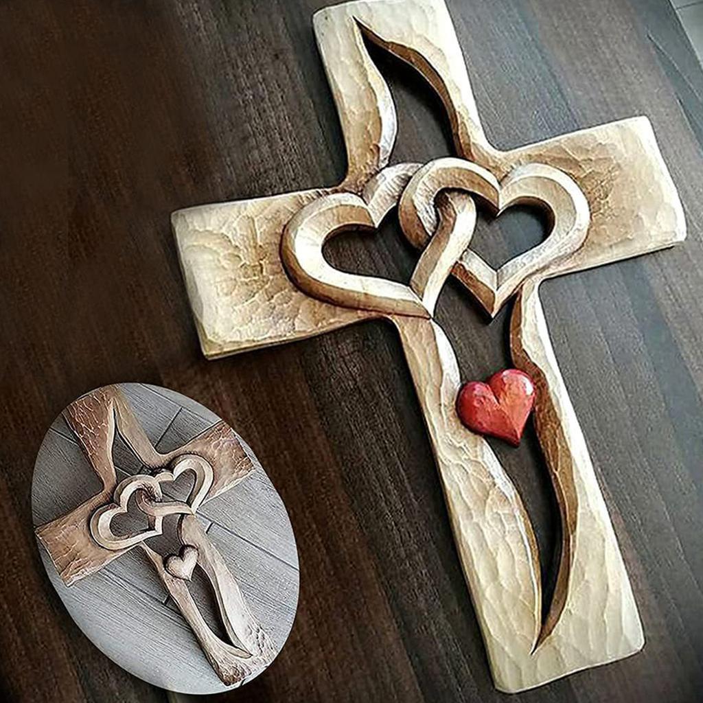 Holzschnitzerei Kreuzfigur Verschlungene Herzen Wandtischkreuz Heimdekorationen Stehendes Kruzifix Kirche Religiöses Geschenk