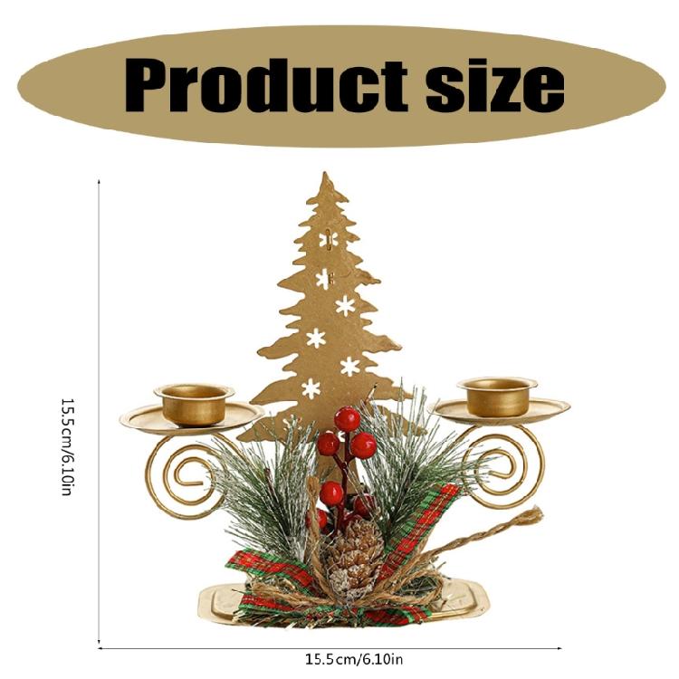 Gold Iron Double Candlestick Home Decors for Holiday Christmas Metal Candle Holders Stand with Pinecones and Berries