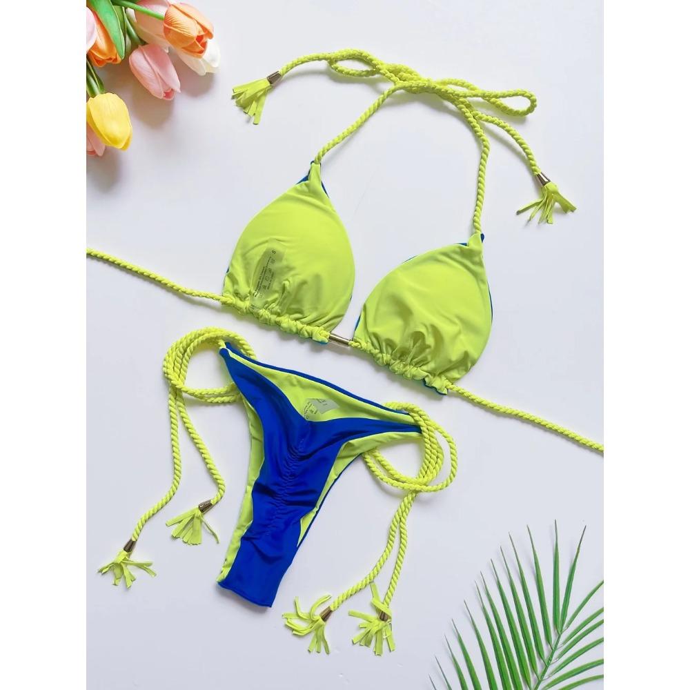 2025 Sexy Solid Color Two-piece Triangle Swimwear Women Swimsuit Braiding Rope Bikinis Set Beach Bathing Suit Brazilian Biquinis