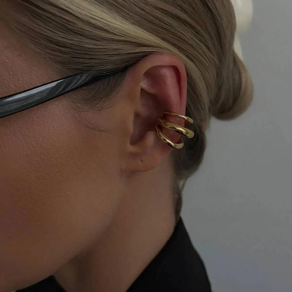 Salircon Creative Gold Color C-shaped Stainless Steel Clip Earrings Punk Multi-layer Geometric Non-Piercing Earrings Jewelry