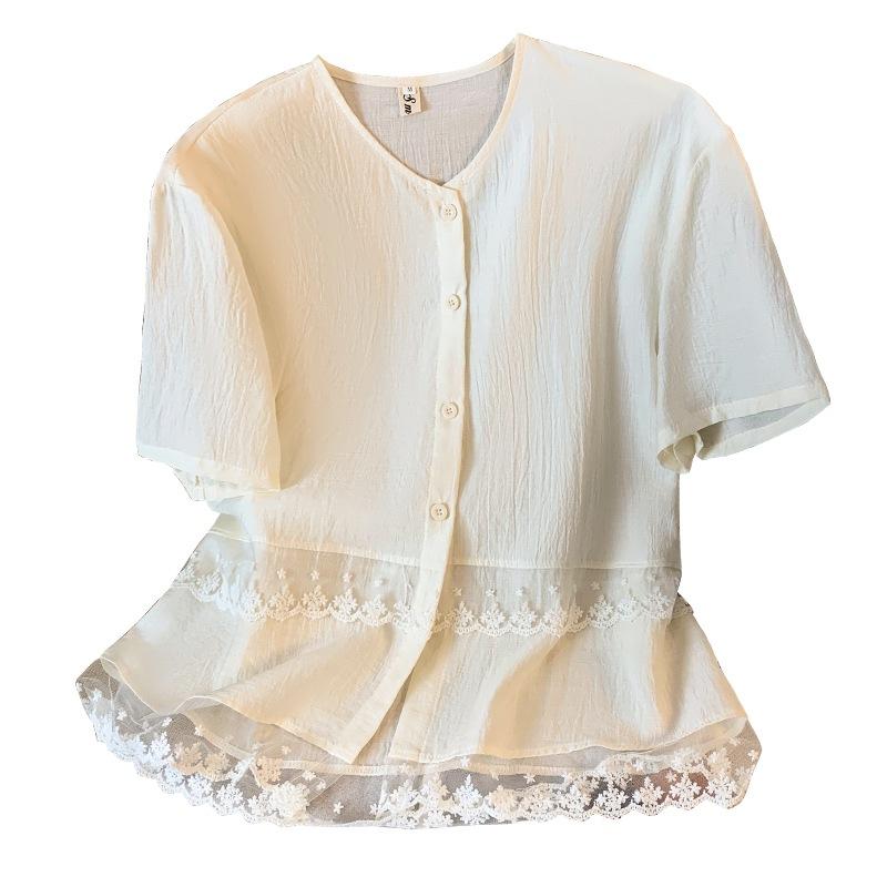 Premium versatile lace splicing short-sleeved top women's 2025 summer new solid color short-sleeved shirt