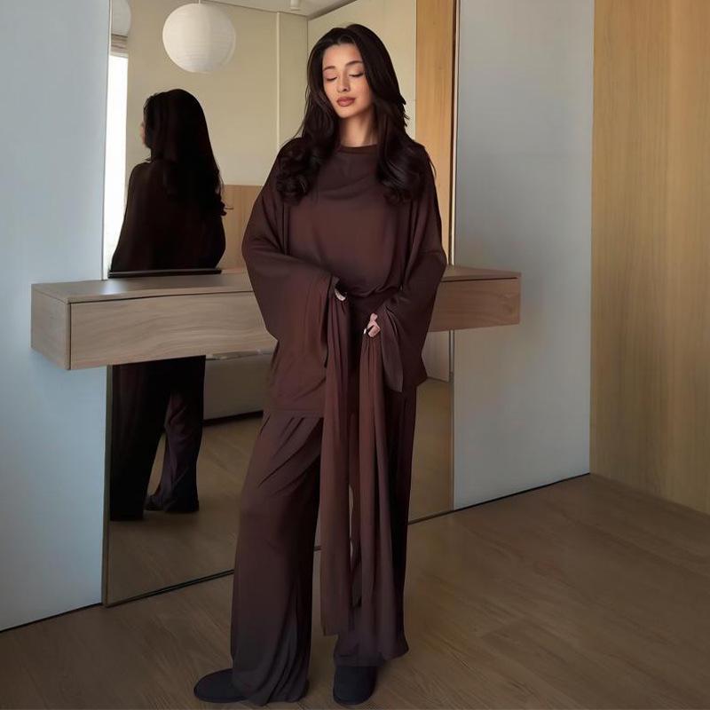 Damen Einfarbiges Langarm-Oberteil zum Binden und Taschen-Geradebein-Hosen-Set