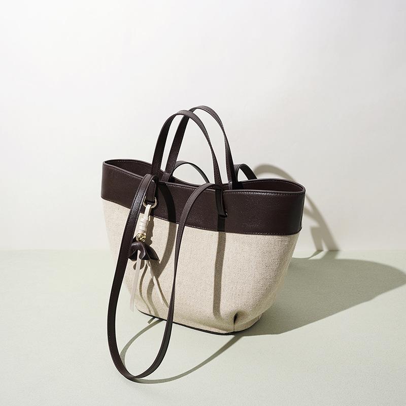Bag Women's Contrast Color Retro Soft Leather Linen Large Capacity Tote Bag Portable Shoulder Underarm Bag