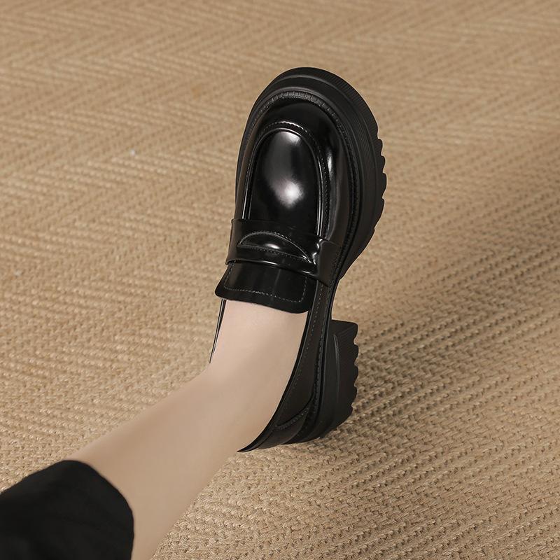 Thick-soled small leather shoes style black college thick heel student simple single shoes round head