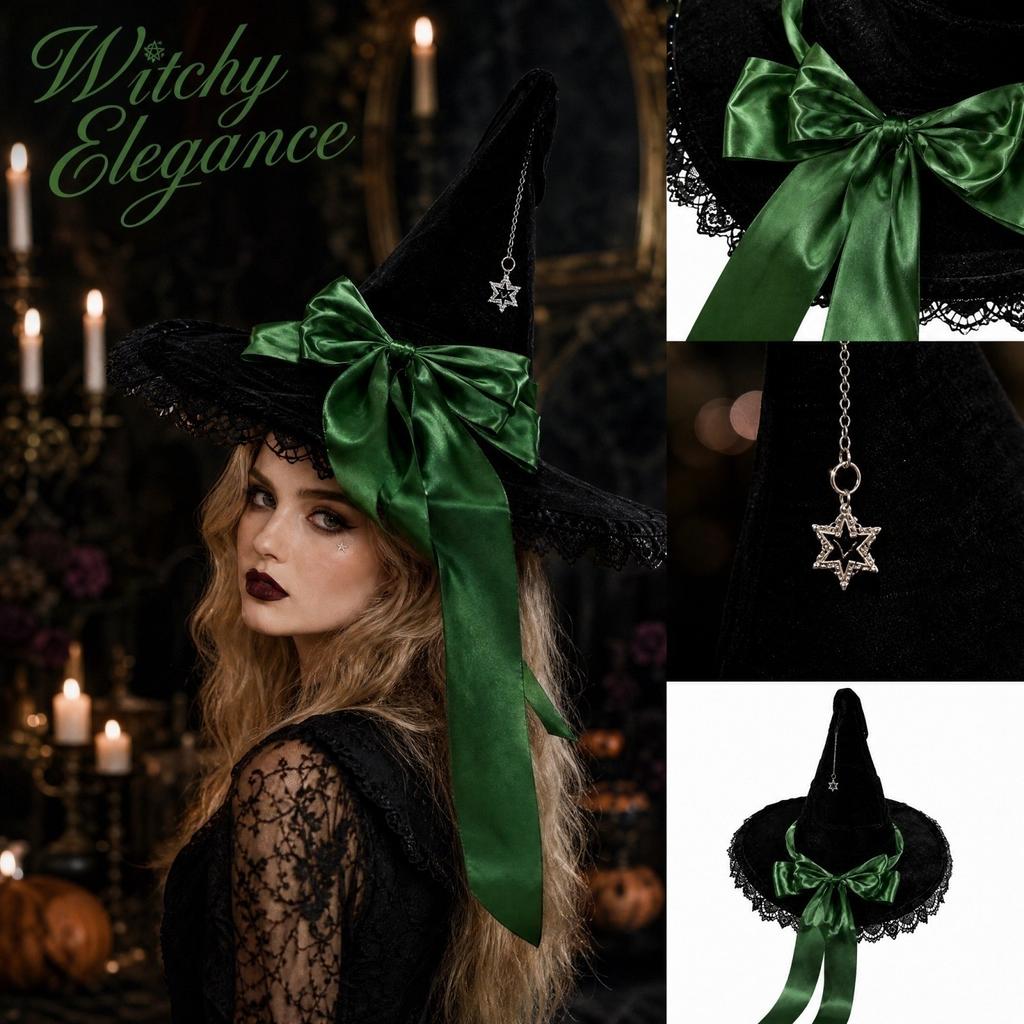 Women's Pointed Witch Hat with Velvet and Wide for Halloween Gothic Costume