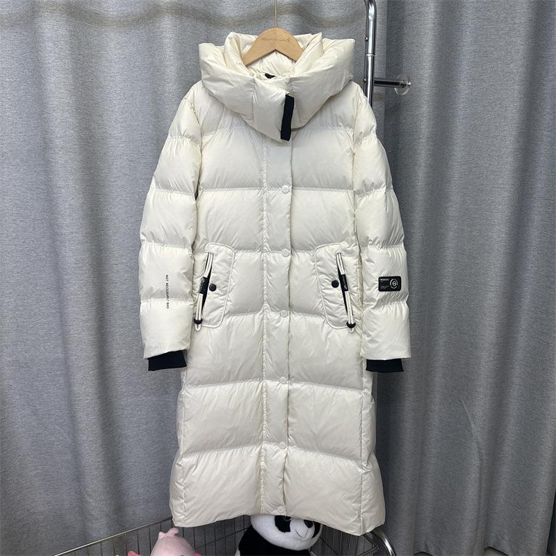White goose down jacket women's long over the knee winter new Northeast extreme cold hooded thickened fashion coat burst
