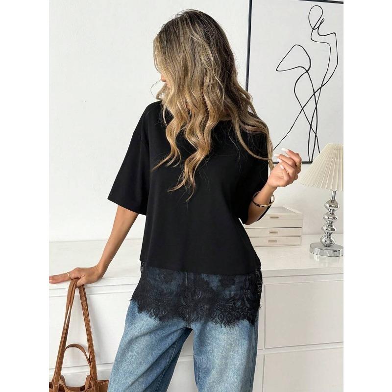 Summer Lace Splicing Loose Women's T-shirt New Round Neck Fashion Blouse Solid Color Tees Short Sleeve Elegant Office Long Tops Female Basic Clothing