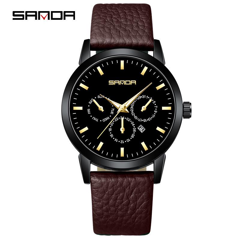 Sanda Quartz Three-Eye Six-Hand Watch: Fashionable, Simple, Leather Strap, Waterproof, Men s & Women s Calendar Watch.