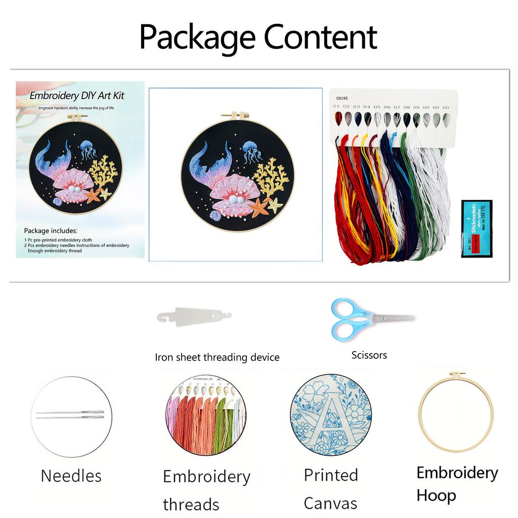 Ocean Scenery DIY Stamped Embroidery Stitches Practice Kit 30x30cm Embroidery Starter Kit with 20cm Embroidery Hoop for Adults