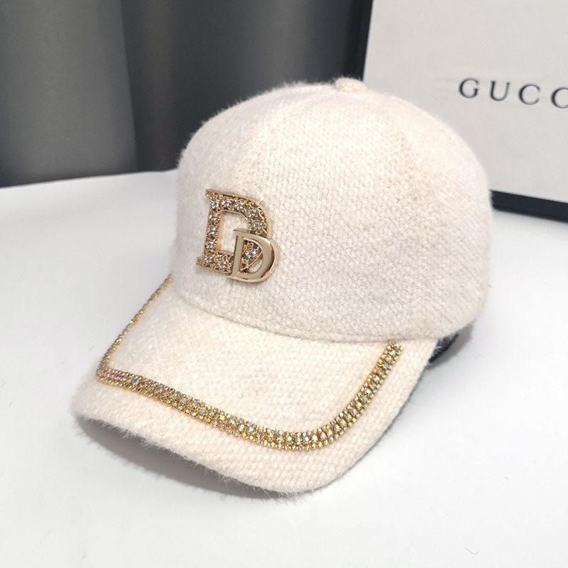 Purchase Rabbit Fur Hat Ins Autumn and Winter D Letter Diamond-encrusted Peaked Cap Showing a Small Warm Plush Baseball Cap