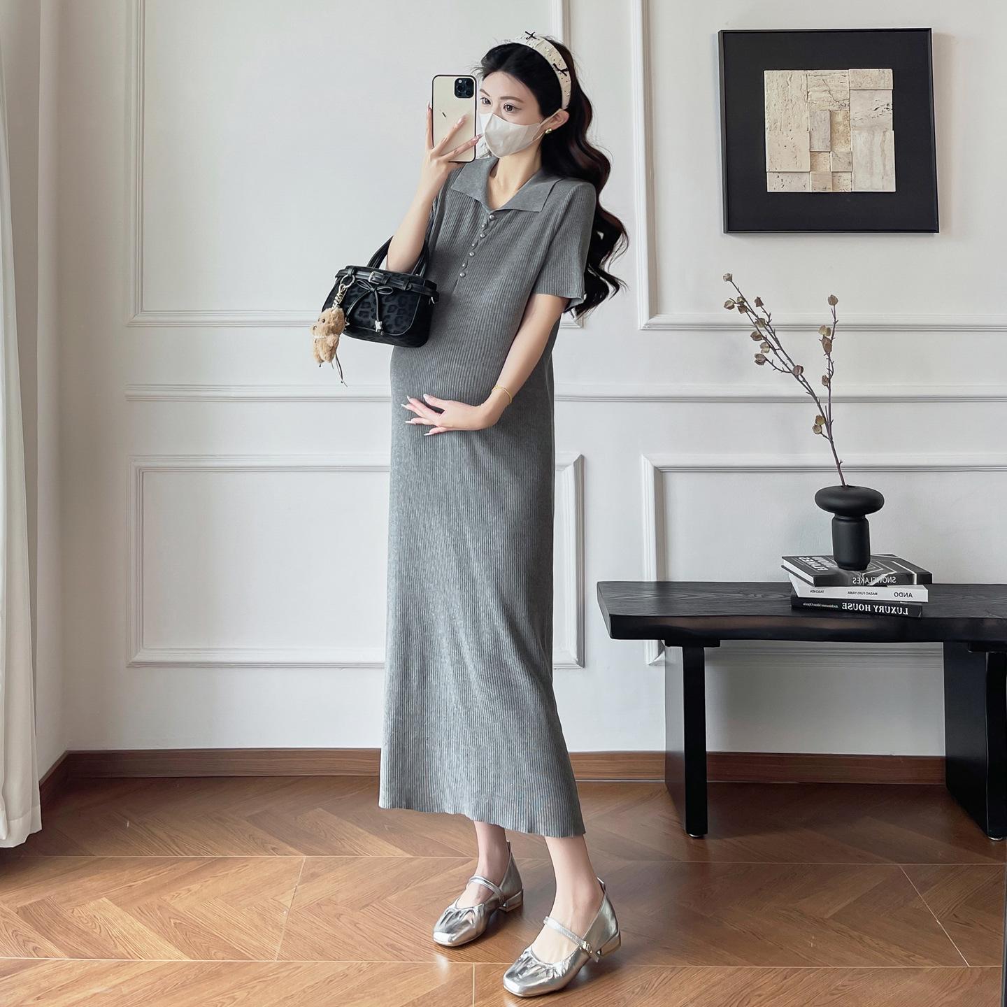 

2026 Trendy Plus Size Korean Knitted Polo Collar Maternity Nursing Dress XL
